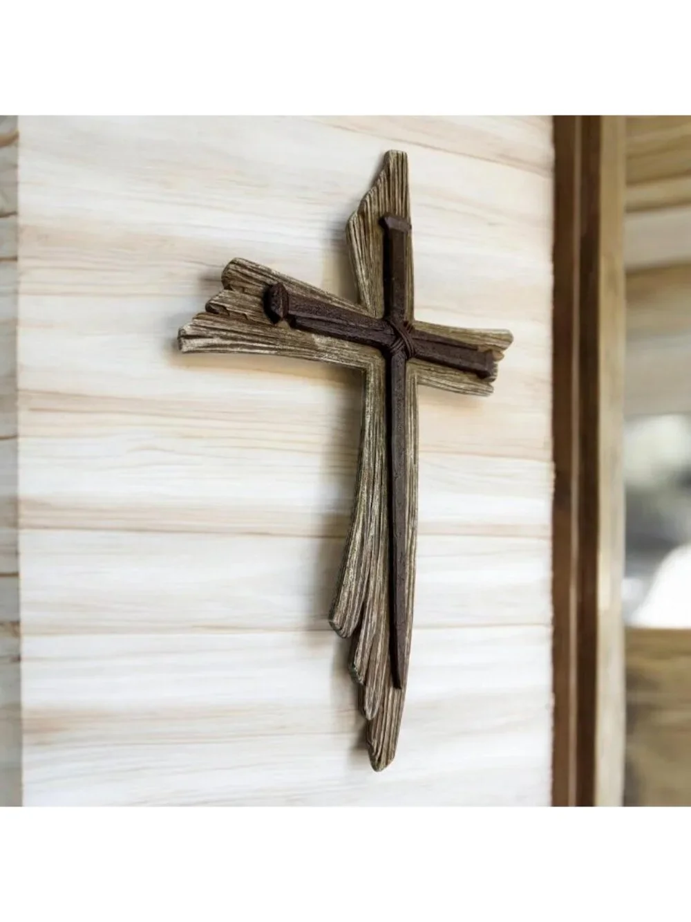 Rustic 3-Nail Wall Cross - 12.5” Resin Christian Decor with Weathered Wood Look